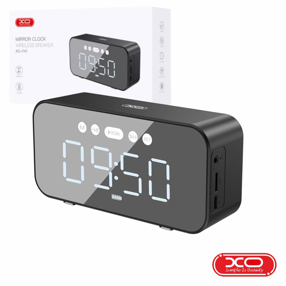 F41 relógio despertador 5w c/ bat/bluetooth/microsd/fm/aux xo