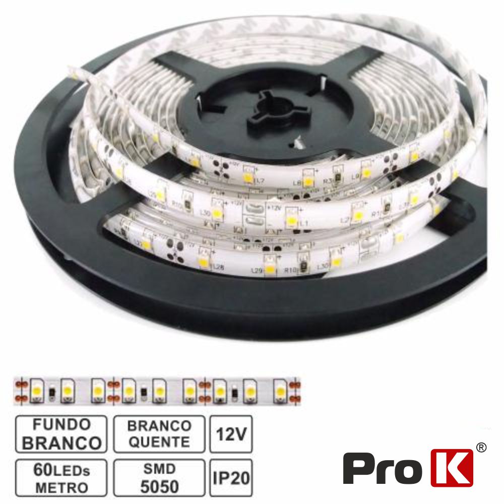 FITA 300 LEDS 5050 BRANCO QUENTE 12V 5M PROK