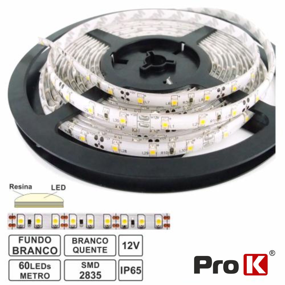 FITA 300 LEDS 2835 IMPERMEÁVEL BRANCO QUENTE 12V 5M PROK