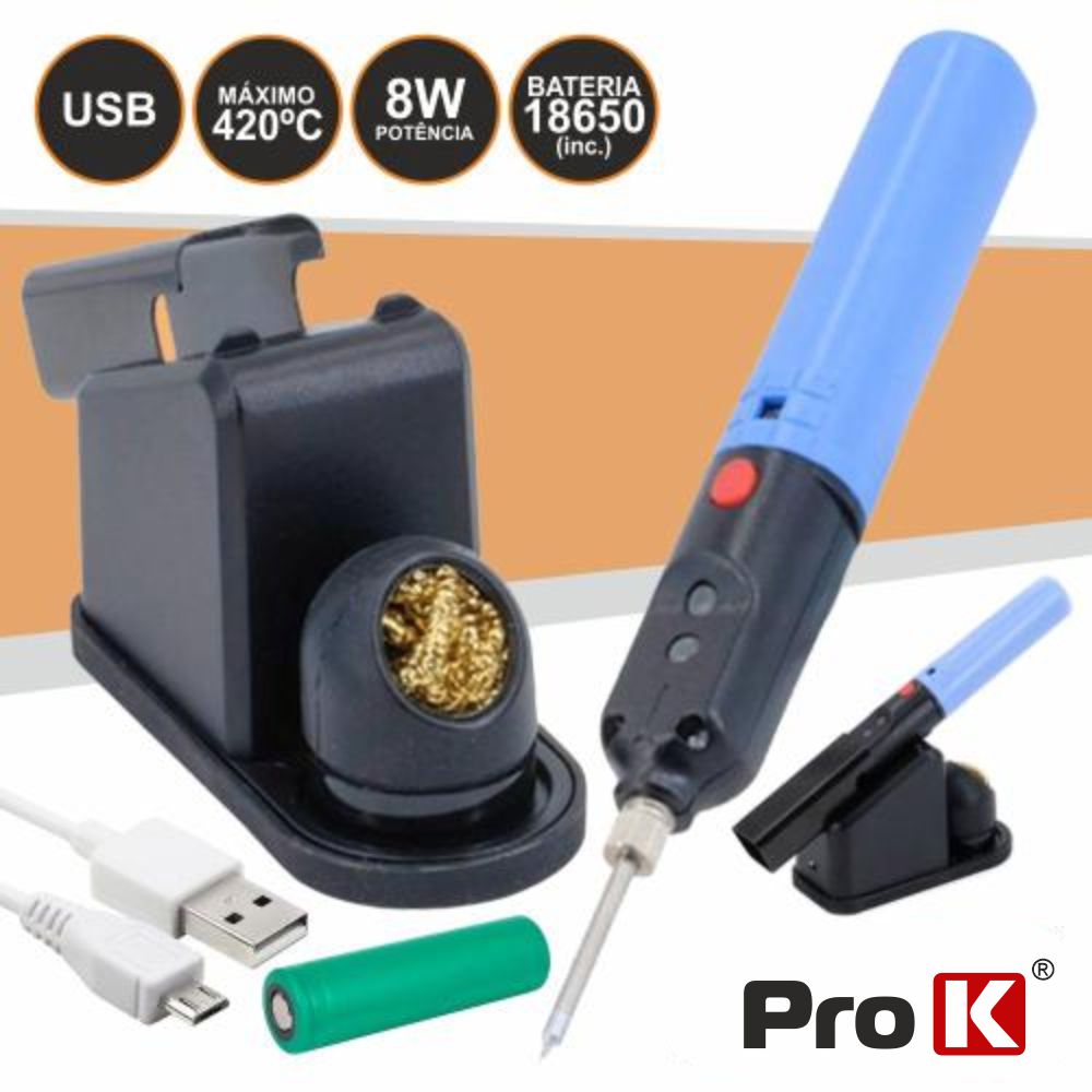 FERRO DE SOLDAR 8W C/ BATERIA CARREGADOR E SUPORTE PROK
