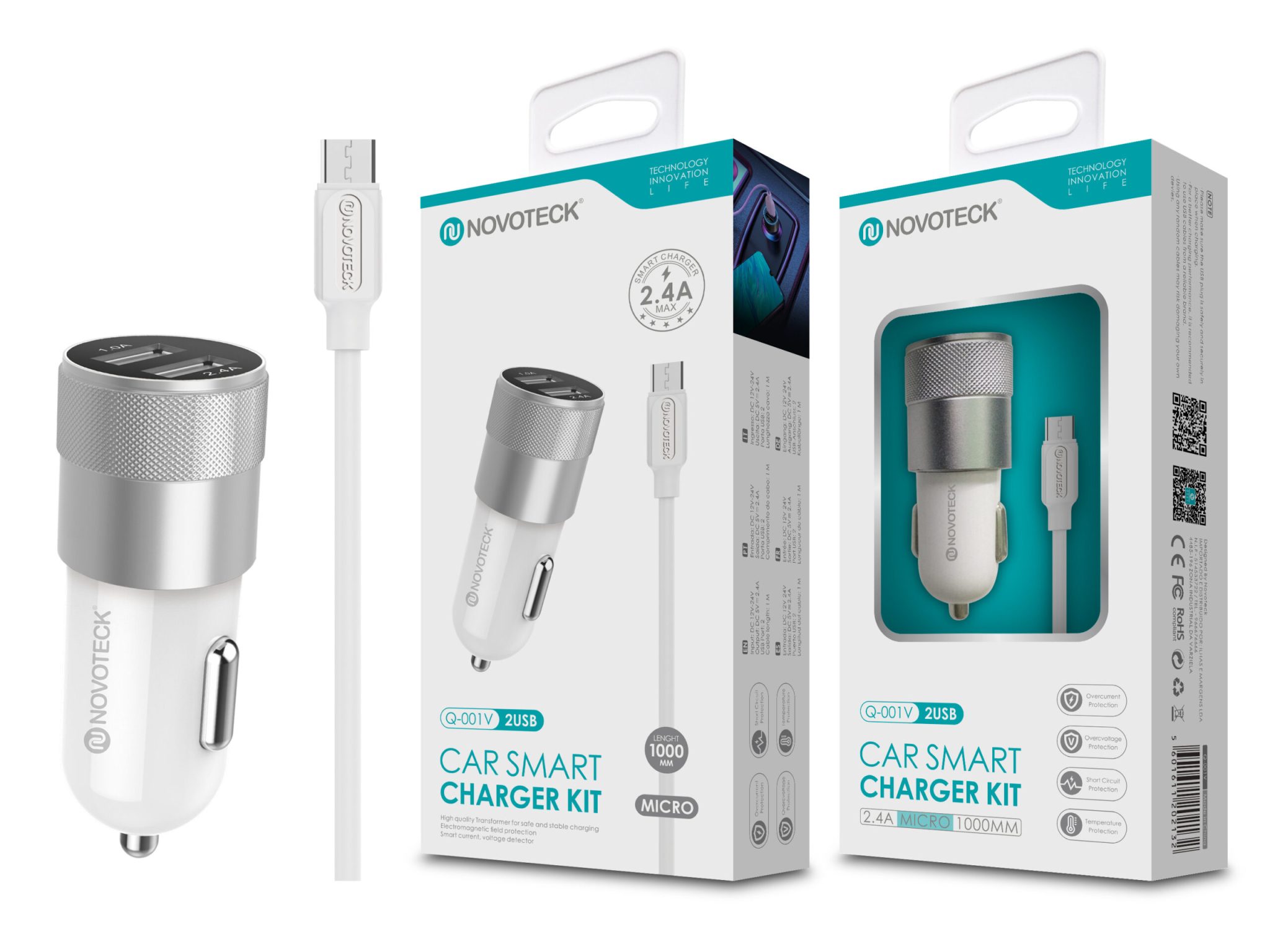 Kit Carregador Automóvel 2.4A 2 USB Branco com Cabo Micro USB Q-001V