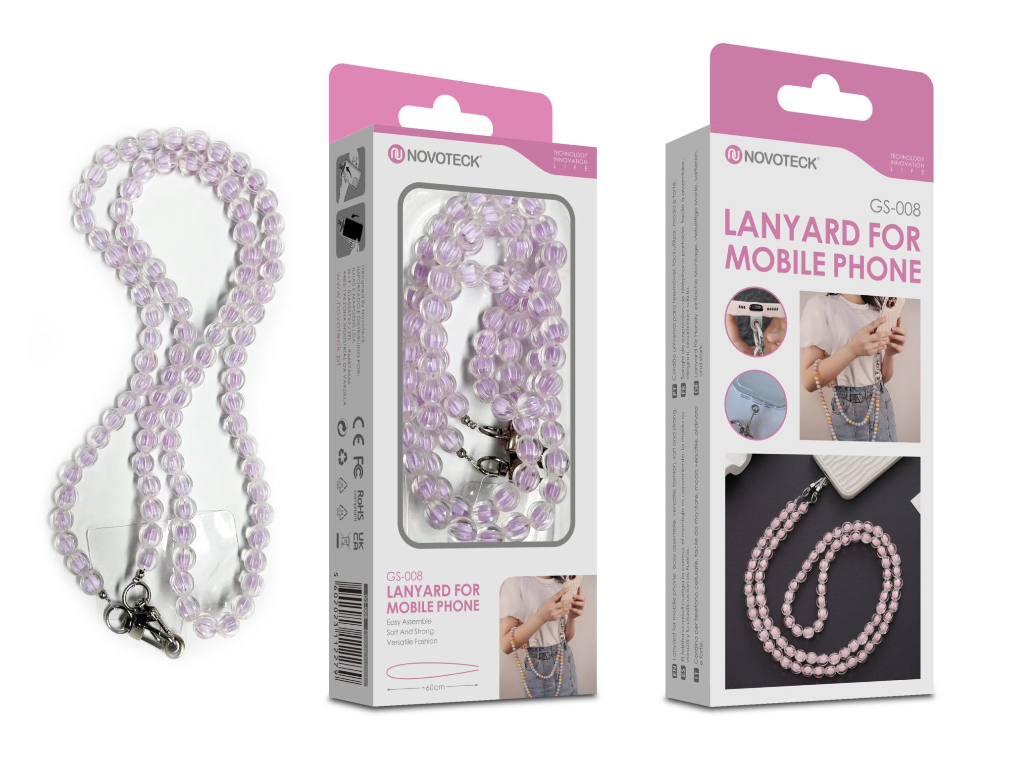 Cordão Pedra Pêssego para Telemóvel NOVOTECK GS-008 Roxo