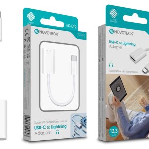 Adaptador USB-C para Lightning Novoteck HK-092 Suporte de Áudio e Design Durável com Revestimento em Tecido
