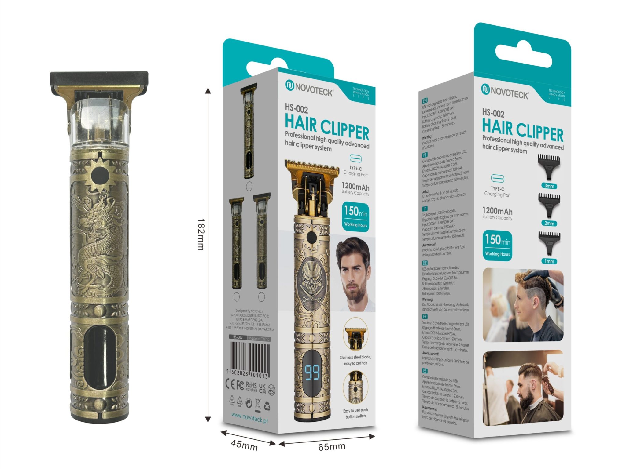 Cortador de Cabelo Avançado NOVOTECK HS-002 com Display Digital e Design Dragão
