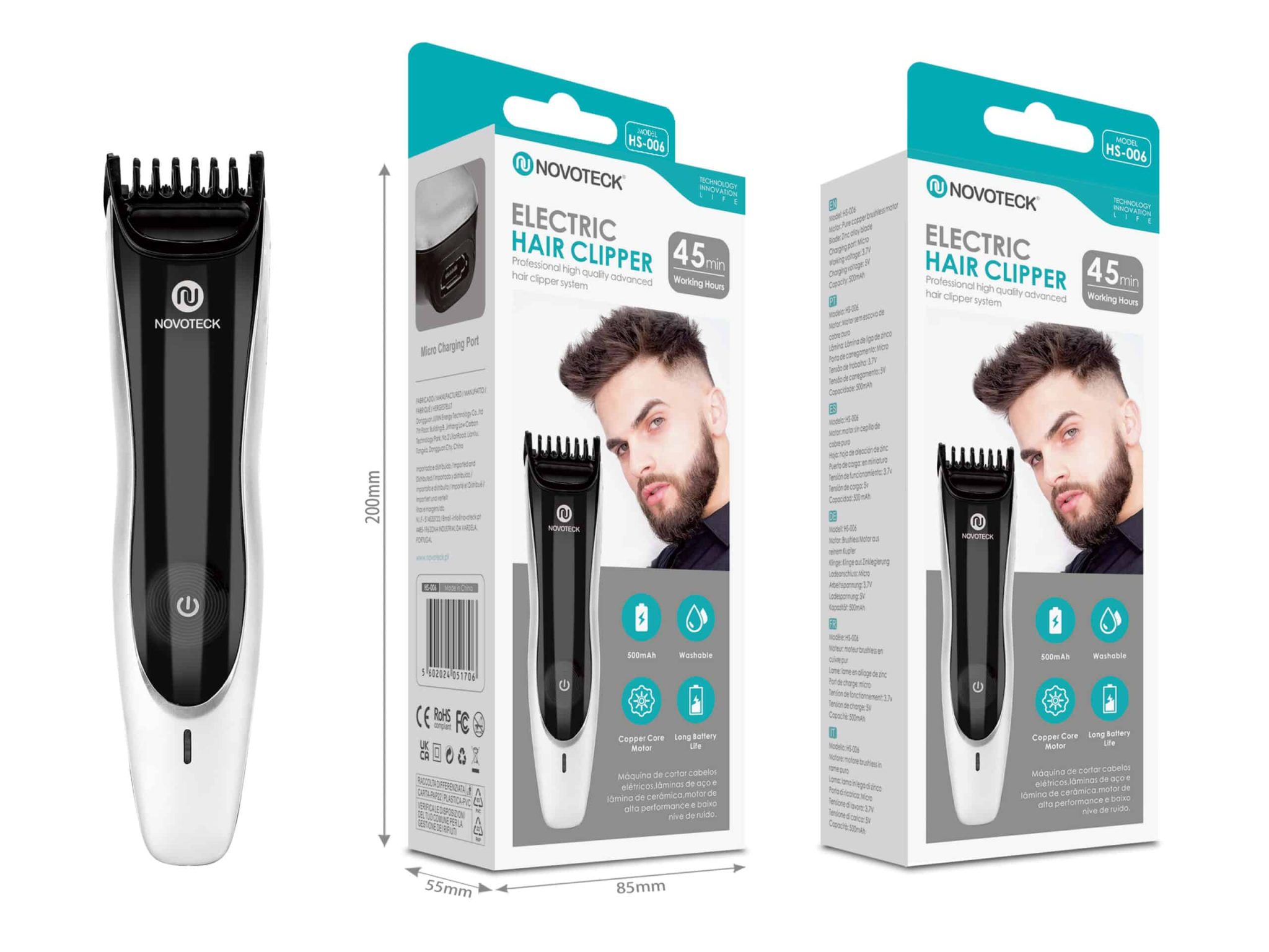 Máquina de Cortar Cabelo HS-006 - Recarregável, Lâminas Laváveis, Motor de Alta Precisão