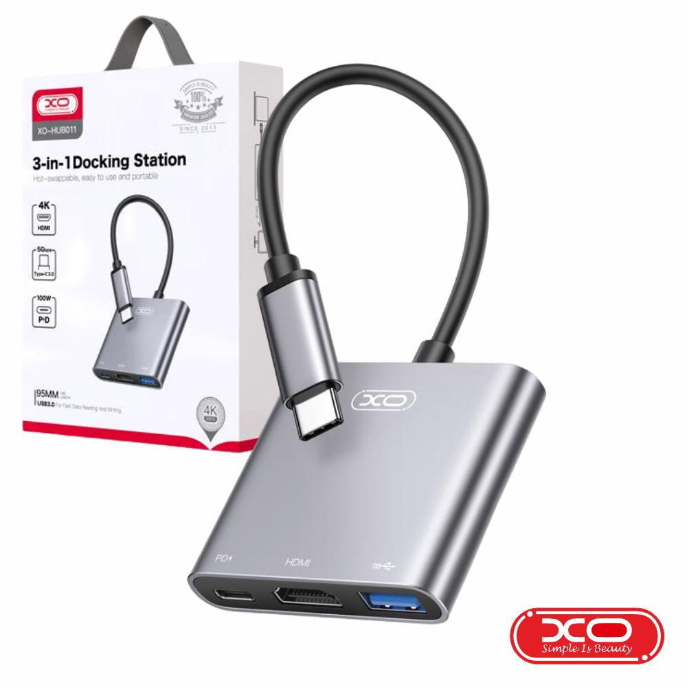 HUB011 Hub USB-C P/ USB-A 3.0 + HDMI + USB-C PD XO