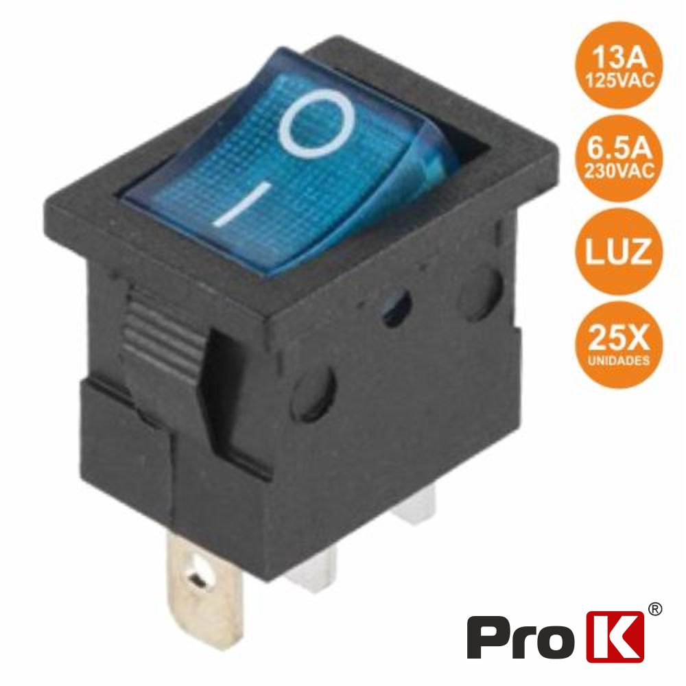 INTERRUPTOR BASCULANTE C/ LUZ 6.5A-250V SPST ON-OFF 25X PROK