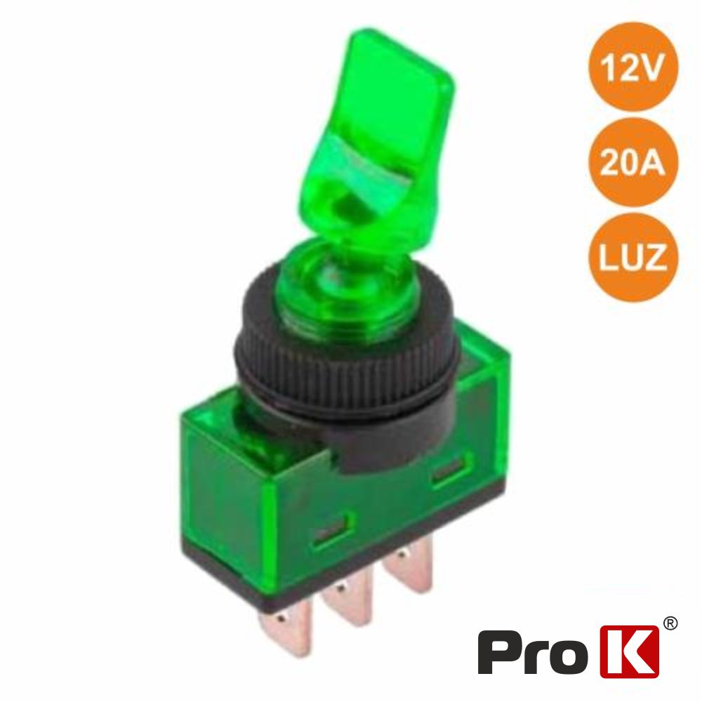 ITR110GR INTERRUPTOR ALAVANCA ON-OFF 20A/12V LUMINOSO VERDE PROK