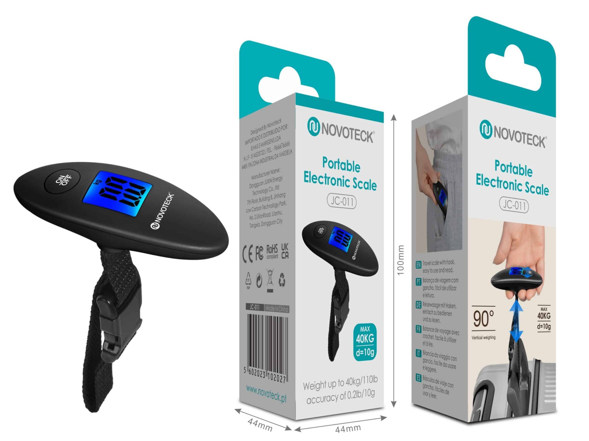 Balança Portátil Eletrônica Novoteck JC-011 - Capacidade 40kg, Precisão 10g, Display LED Azul, Gancho de Aço
