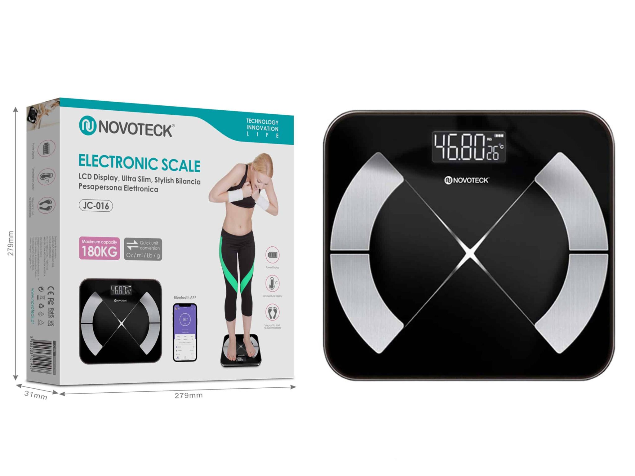 Balança Eletrónica Novoteck JC-016 com Conectividade Bluetooth, Display LCD e Alta Precisão - Capacidade até 180 kg