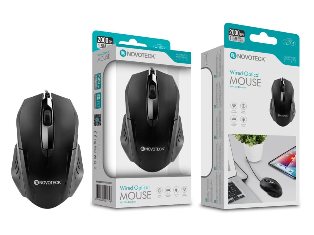Rato Óptico com Fio NOVOTECK JS-004 - 2000 DPI, Ergonómico, Plug-and-Play