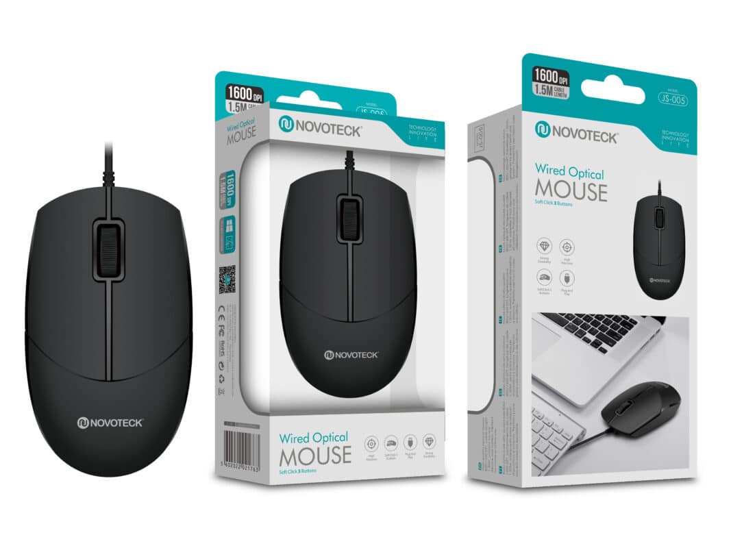 Rato Óptico NOVOTECK JS-005 com Fio Office- 1600 DPI, Ergonómico, Plug-and-Play