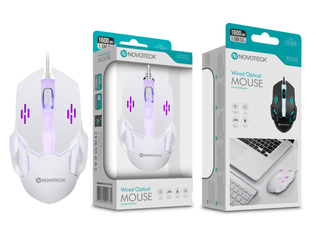 Rato Óptico Iluminado Branco JS-006 com Fio - 1600 DPI Ajustável, Design Ergonómico, Plug-and-Play