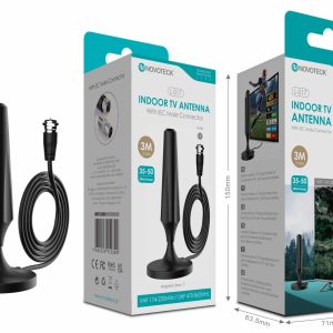 Antena de TV Interna Novoteck L-017 – 35-50 Milhas de Alcance, VHF/UHF, Cabo de 3m, Design Compacto, Conector IEC Masculino