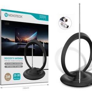 Antena de TV Interna Novoteck L-018 – Alcance de 35-50 Milhas, VHF/UHF, Rotação de 180°, Cabo de 3m, Design Anel Duplo, Conector IEC Masculino