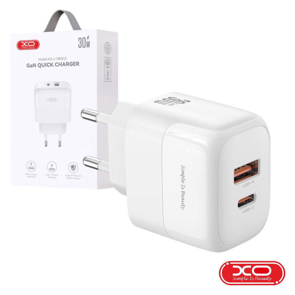 Alimentador USB-A 18W 2.4A / USB-C PD 30W GaN XO
