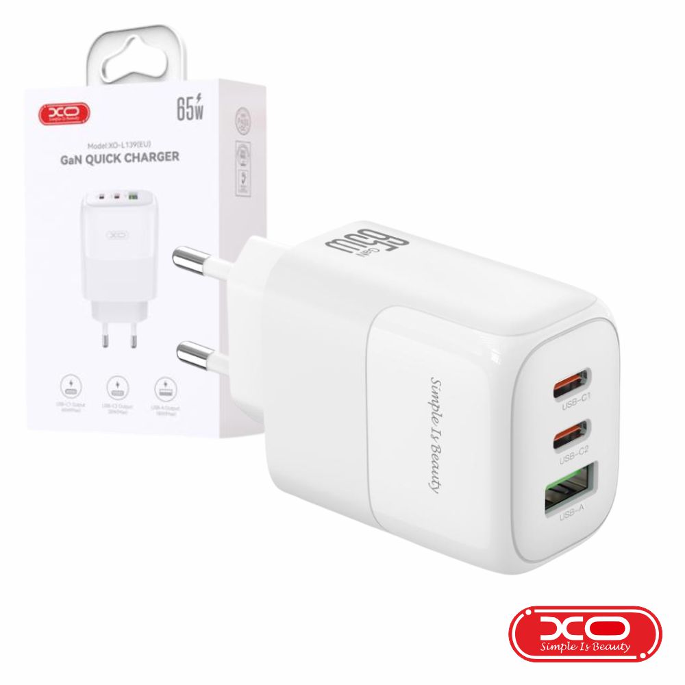 Alimentador USB-A / 2 USB-C PD 65W GaN XO