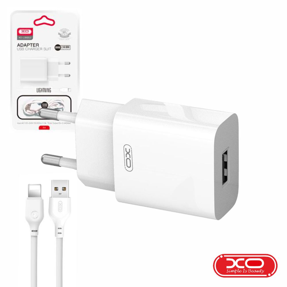 Alimentador USB-A 2.4A Branco + Cabo USB-A P/ Lightning XO