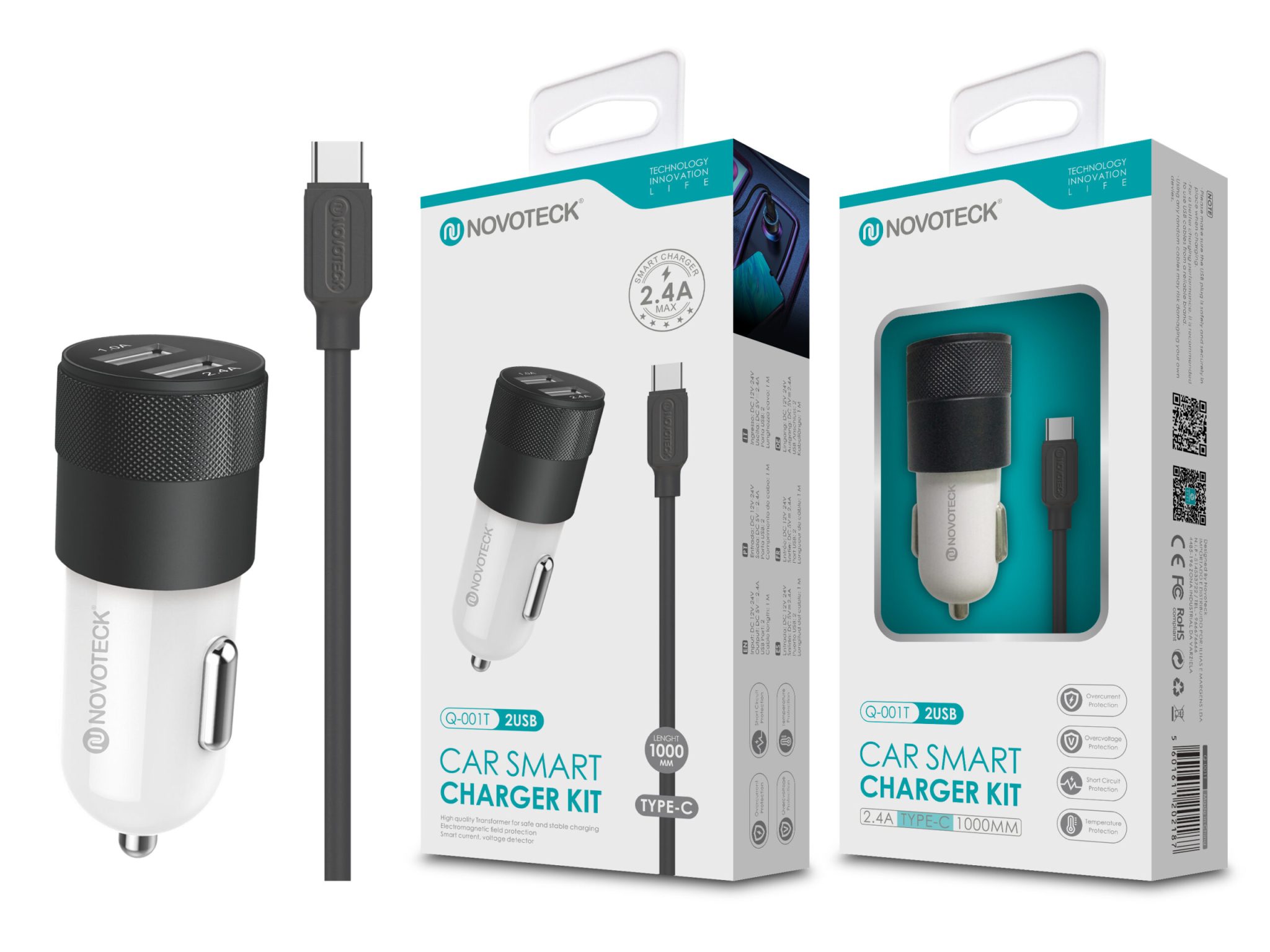 Kit Carregador Automóvel 2.4A 2 USB Negro com Cabo Type-C Q-001T