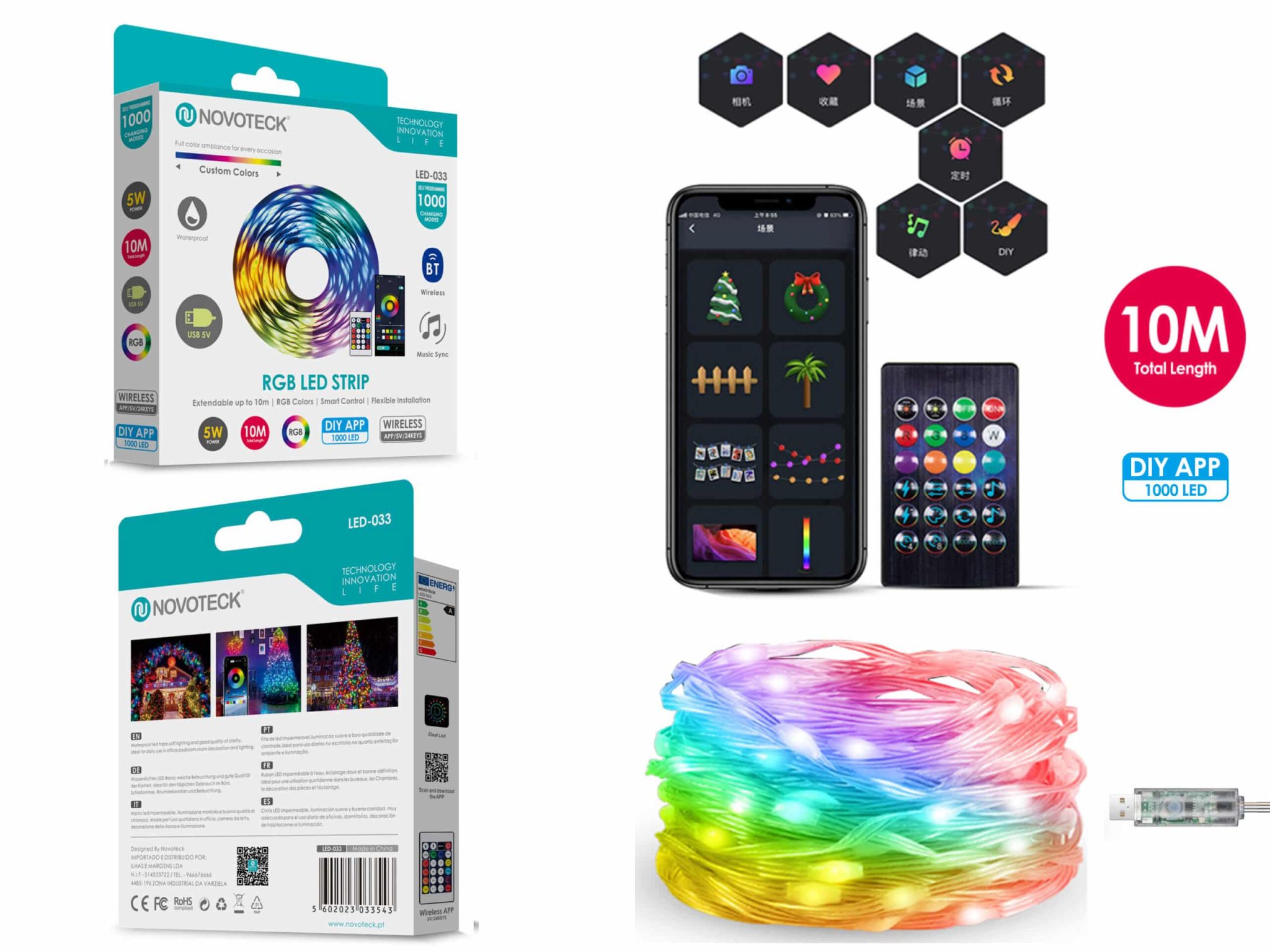 RDP5039 Fita LED Strip RGB Personalizável Novoteck LED-033 – 10m, 1000 LEDs, 5W, DIY App, IP65