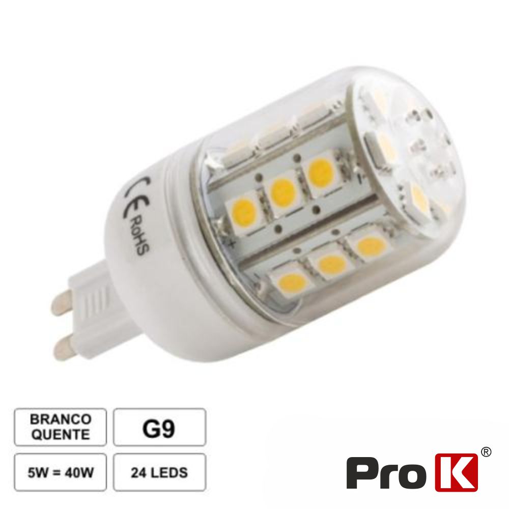 LÂMPADA G9 5W 12V 24 LEDS SMD 5050 BRANCO QUENTE