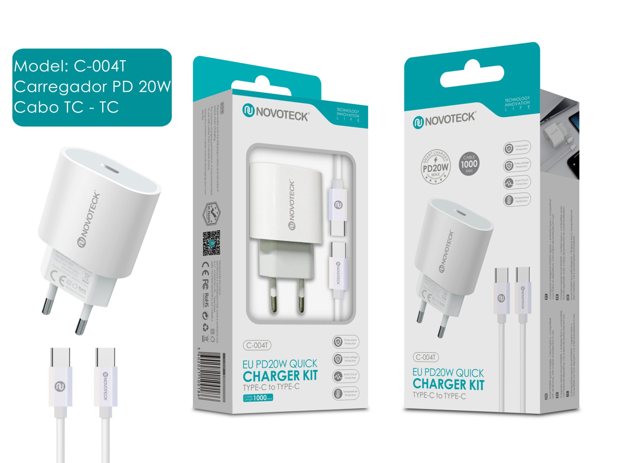Carregador USB-C Pd 20W com Cabo Type-C To Type-C NOVOTECK C-004T