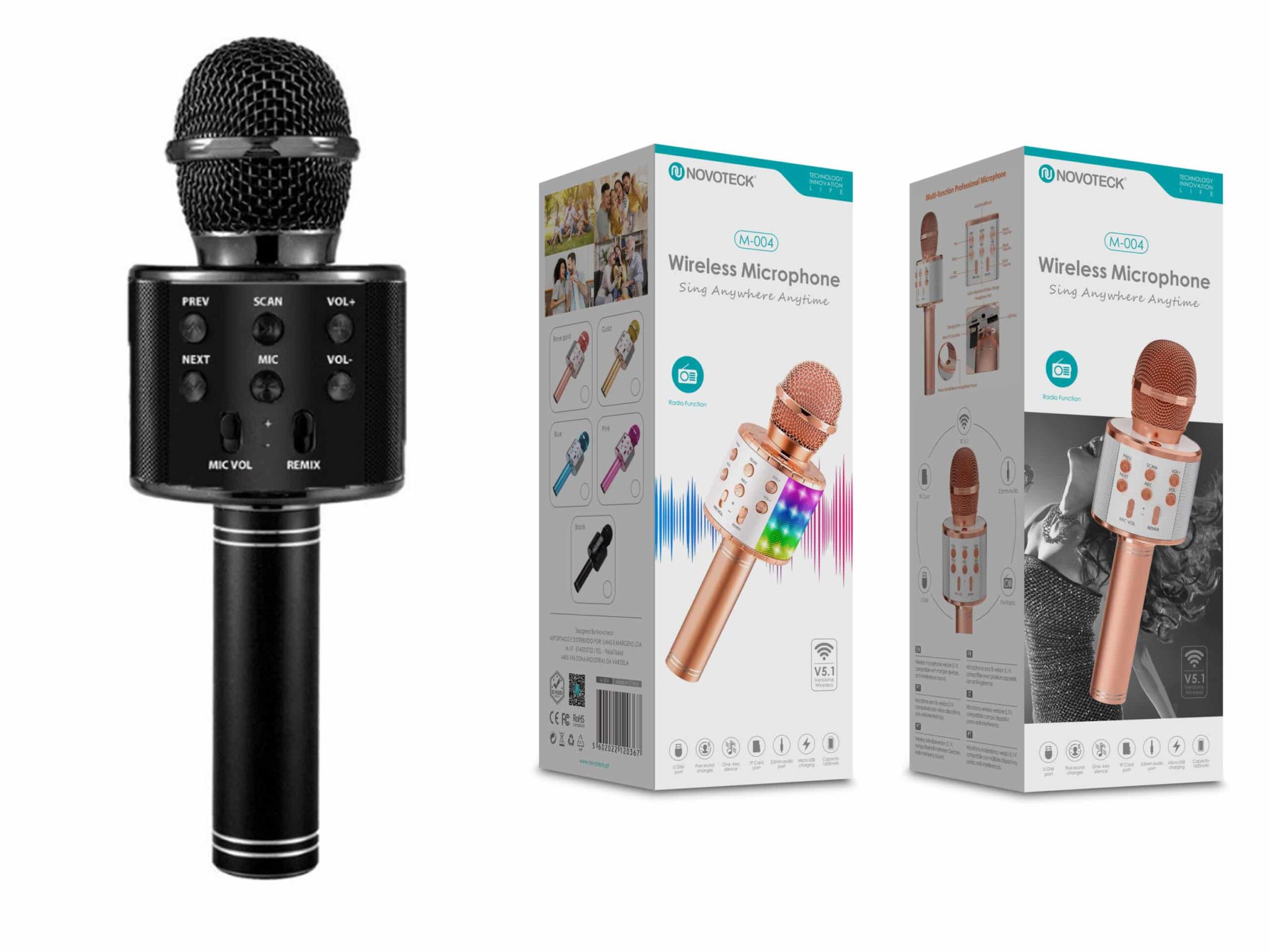 Microfone Bluetooth Sem Fios Negro M-004 com Alto-Falante Integrado e Luz LED – Karaokê Portátil