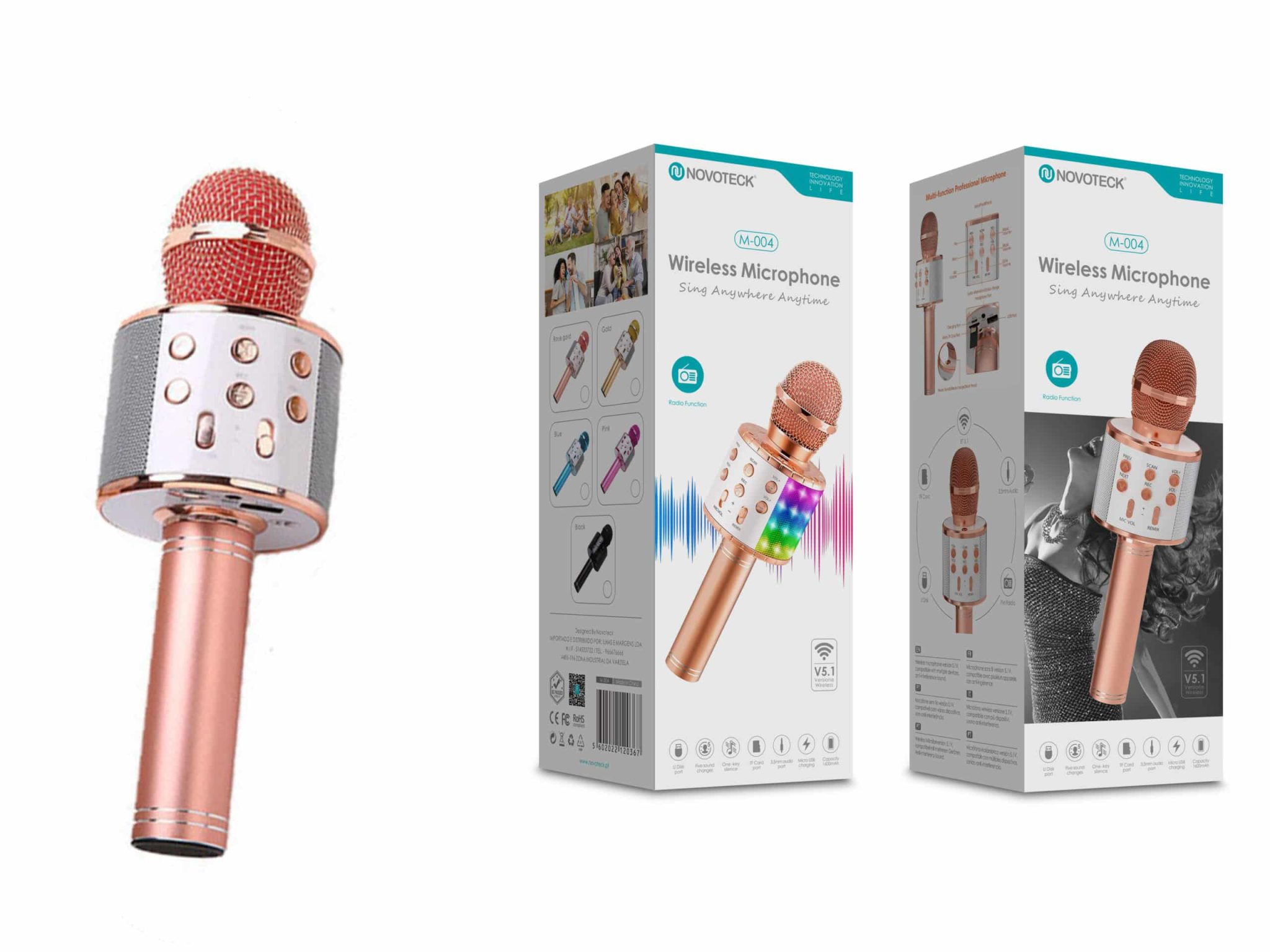 Microfone Bluetooth Sem Fios Rosa Gold M-004 com Alto-Falante Integrado e Luz LED – Karaokê Portátil