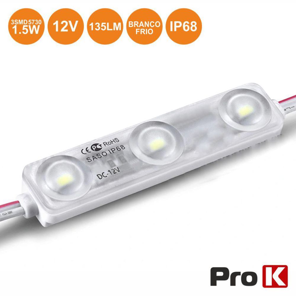 Módulo C/ 3 LEDS 5730 1.5W 6000K 135LM 12V IP68 PROK