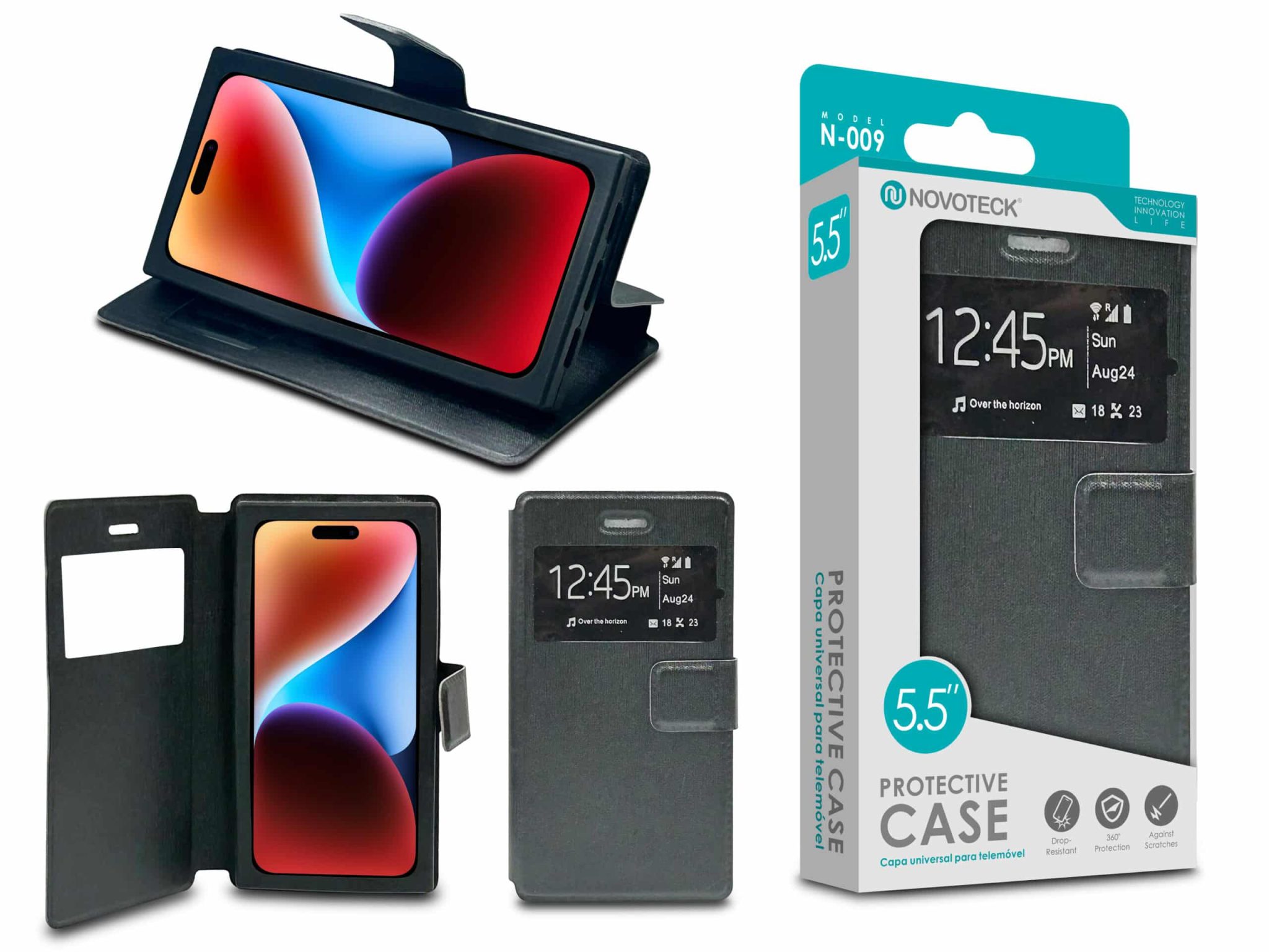 Capa Protetora Universal Negro para Smartphone de 5.5'' N-009 -  Visor Inteligente, Resistência a Impactos e Suporte Integrado