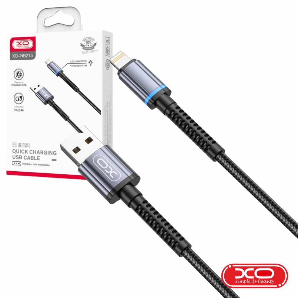 Cabo USB-A 2.0 Macho / Lightning 2.4A C/ LED Preto 1m XO