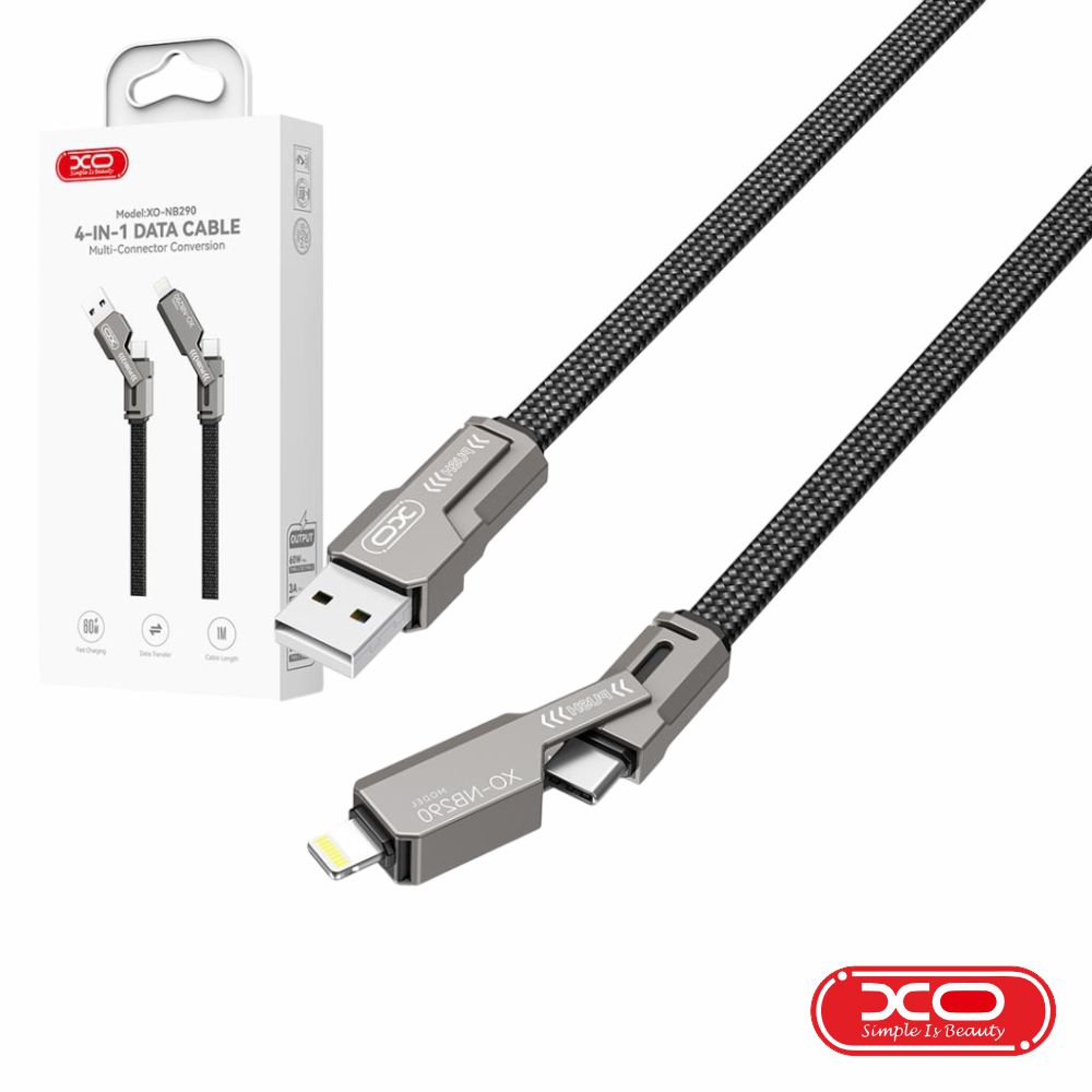 Cabo USB-A Macho 4 em 1 P/ USB-C e Lightning PD 60W 1m XO