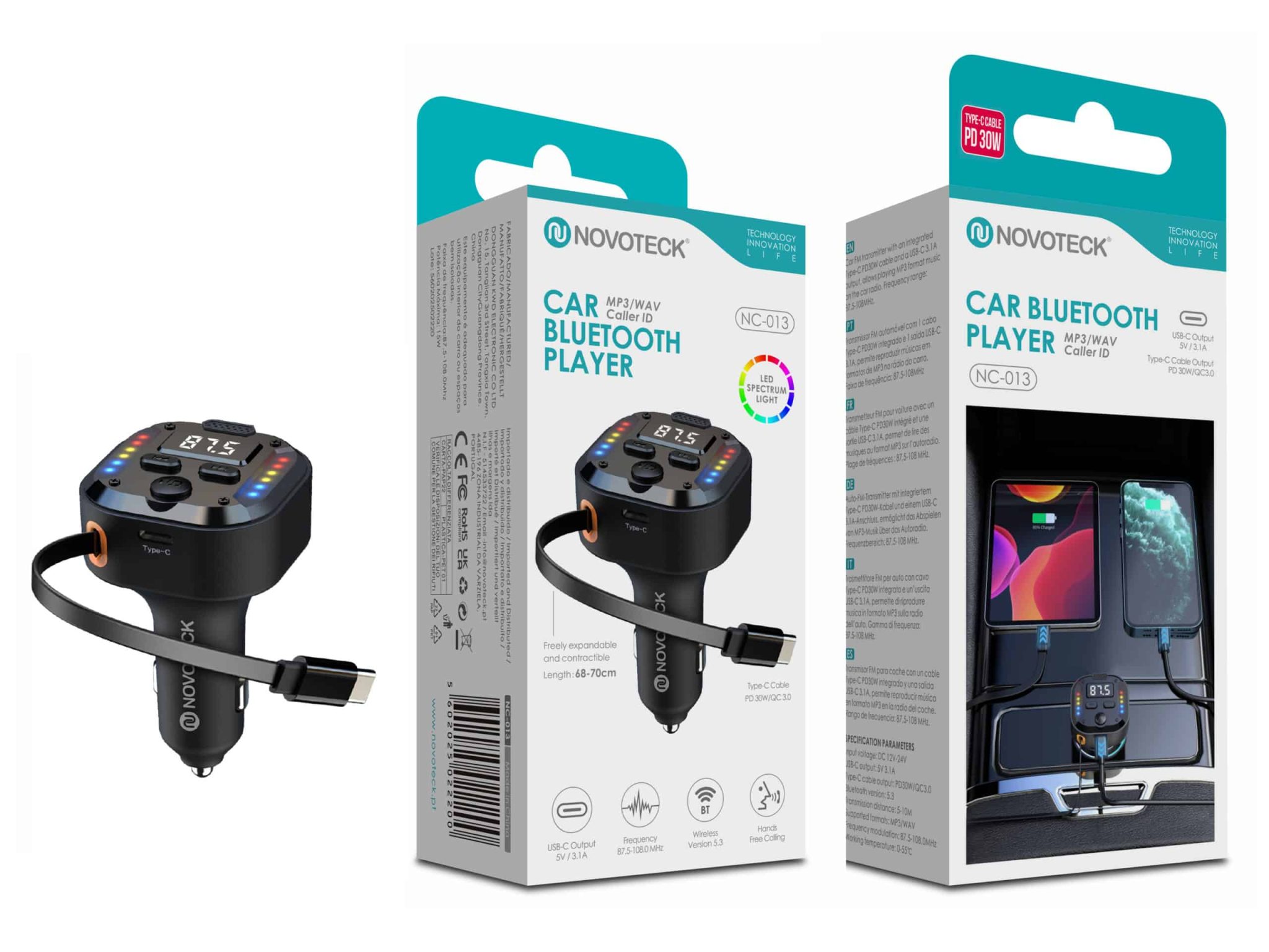 Transmissor Bluetooth para Carro NOVOTECK NC-013 com Carregamento Rápido USB-C PD 30W