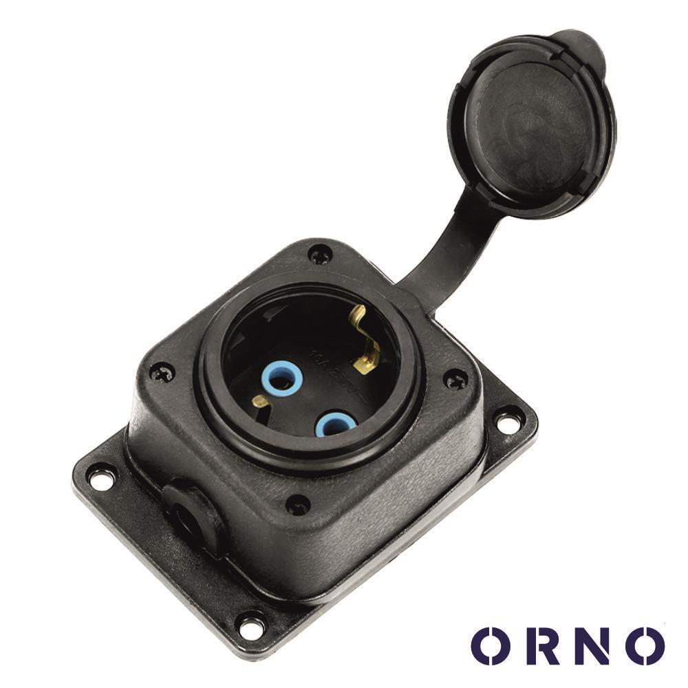 Ficha Schuko Fêmea 16A/230V Preta C/ Tampa ORNO