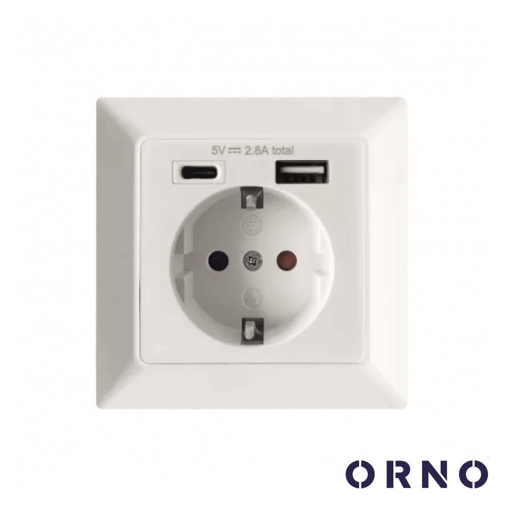 Tomada Elétrica C/ 1 Porta USB-A + 1 Porta USB-C ORNO