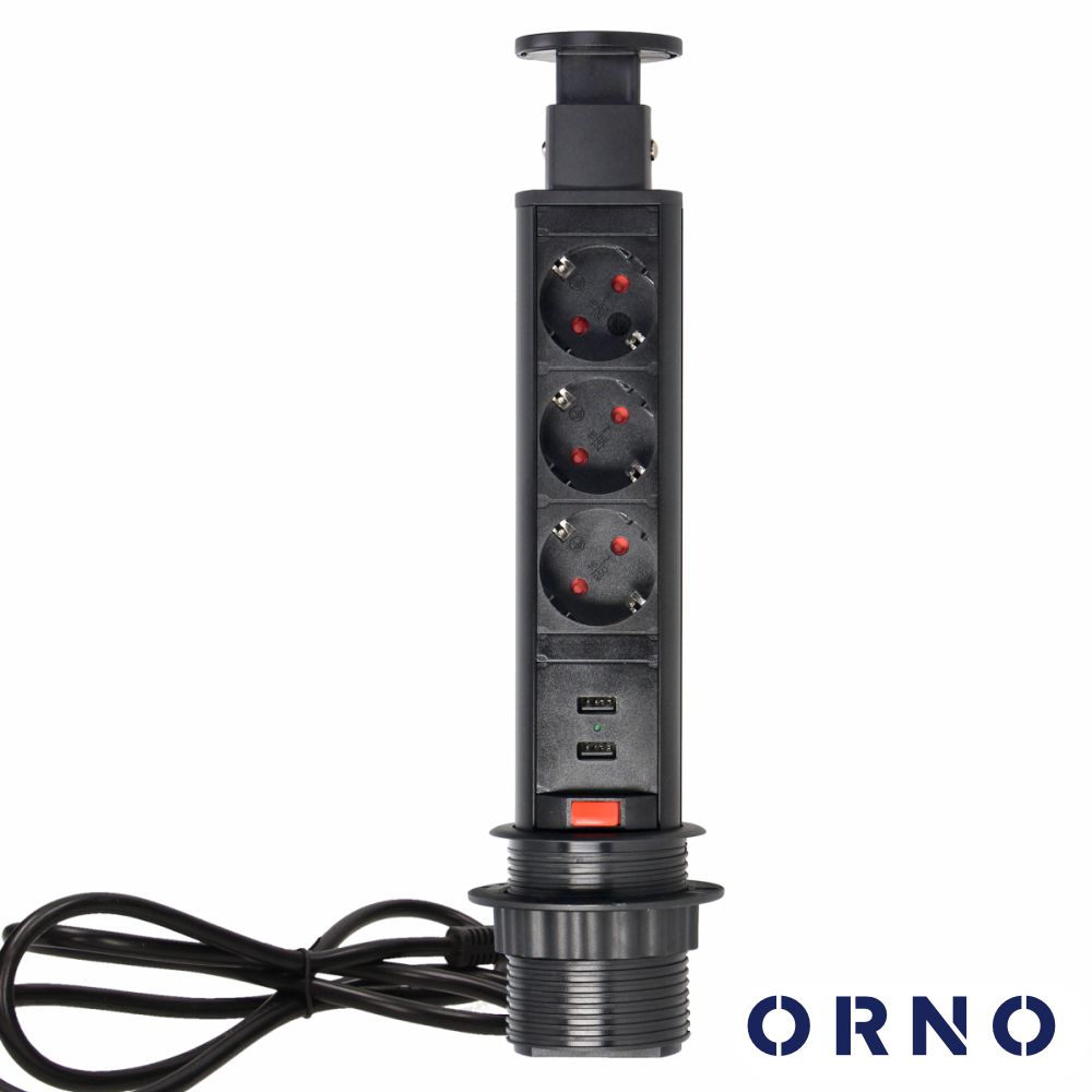 Tomada Elétrica Encastrar 3x Schuko 2x USB-A Preta ORNO