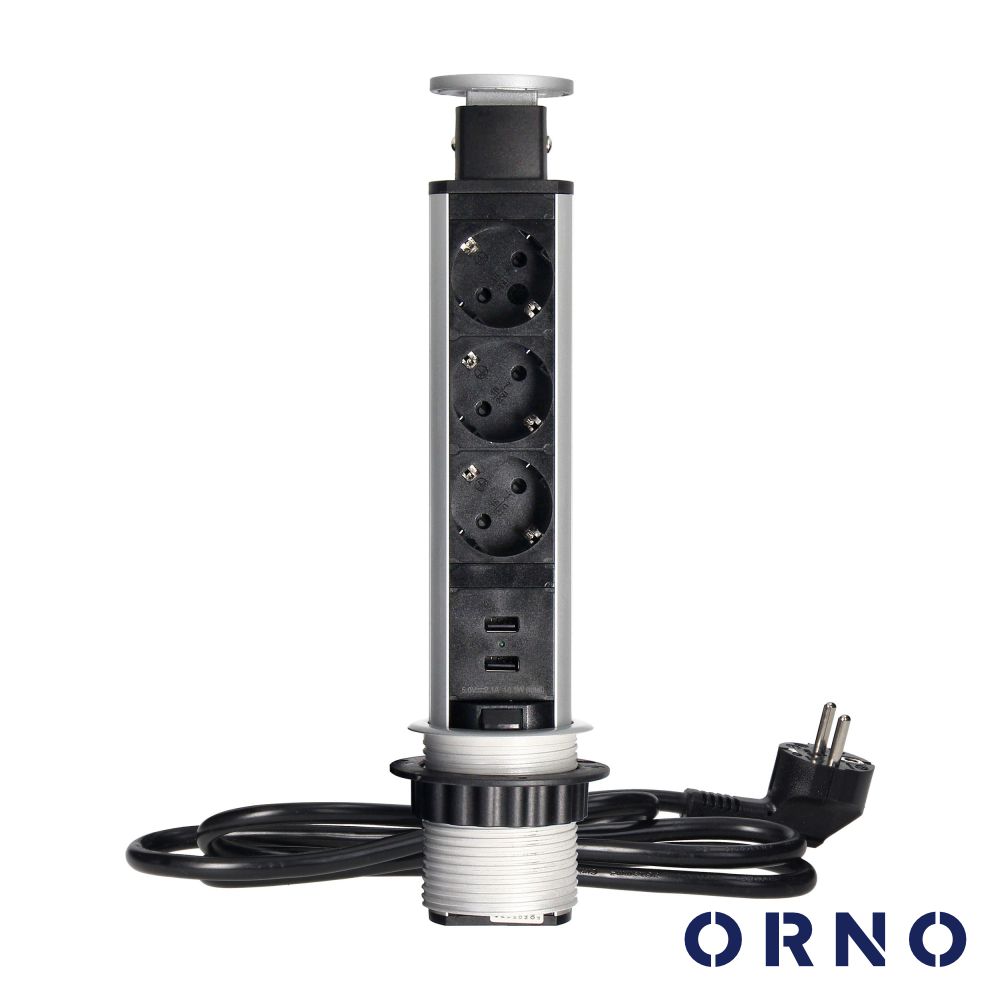 Tomada Elétrica Encastrar 3x Schuko 2x USB-A Preta ORNO