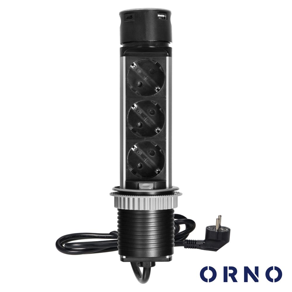 Tomada Elétrica Encastrar 3x Schuko 2x USB 1.5m Preta ORNO