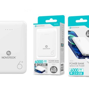 Power Bank NOVOTECK PB-001 de Alta Capacidade - 6000mAh, Duplo USB, Carregamento Rápido 2.1A