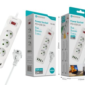 Extenção 2m com 3 tomads 3 usb 1 type-c PD-002 16A
