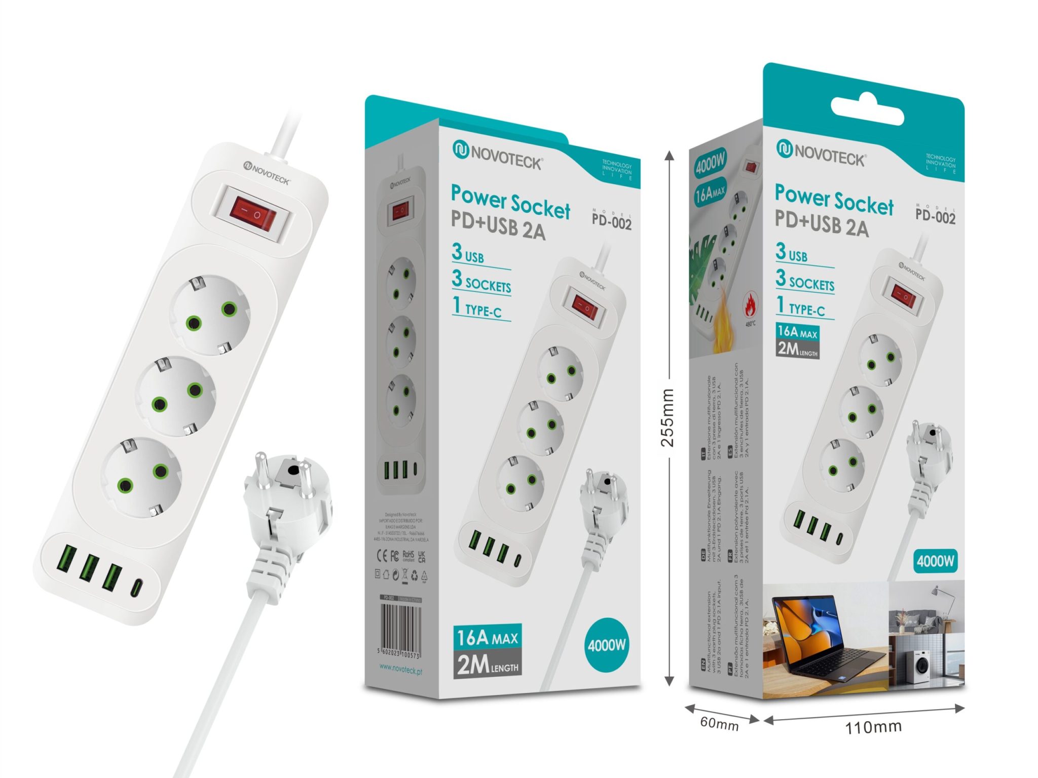 Extenção 2m com 3 tomads 3 usb 1 type-c PD-002 16A