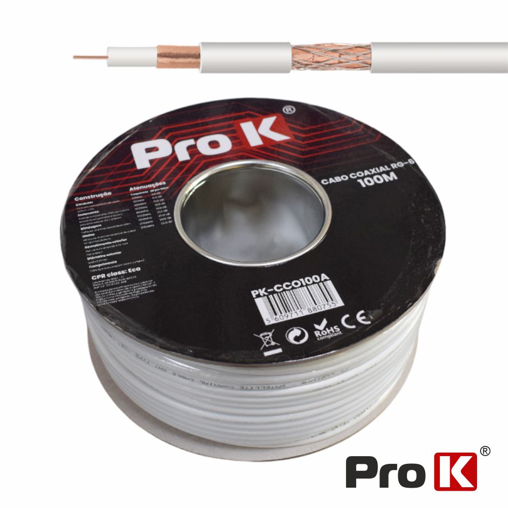 PK-CCO100A Rolo 100 mts. Cabo Coaxial 75 Ohm Branco PROK