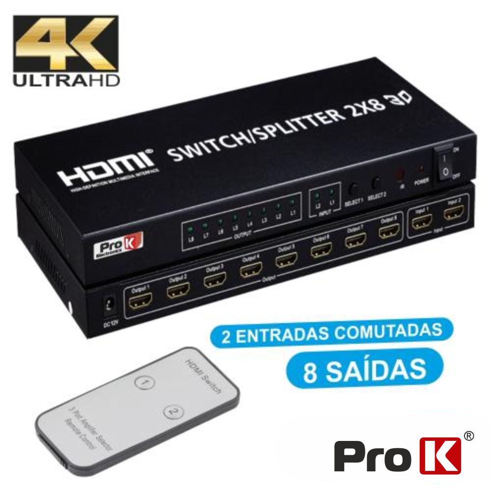 DISTRIBUIDOR HDMI AMPLIFICADO 2 ENTRADA 8 SAÍDAS 4K PROK