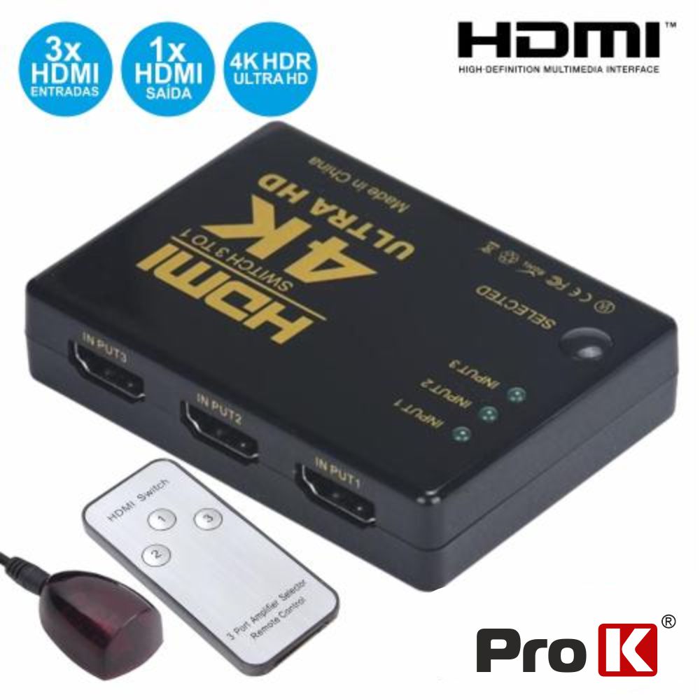 PK-HDMI3E1SIR Distribuidor Hdmi Amplificado 3 Entradas E 1 Saída C/Ir Prok