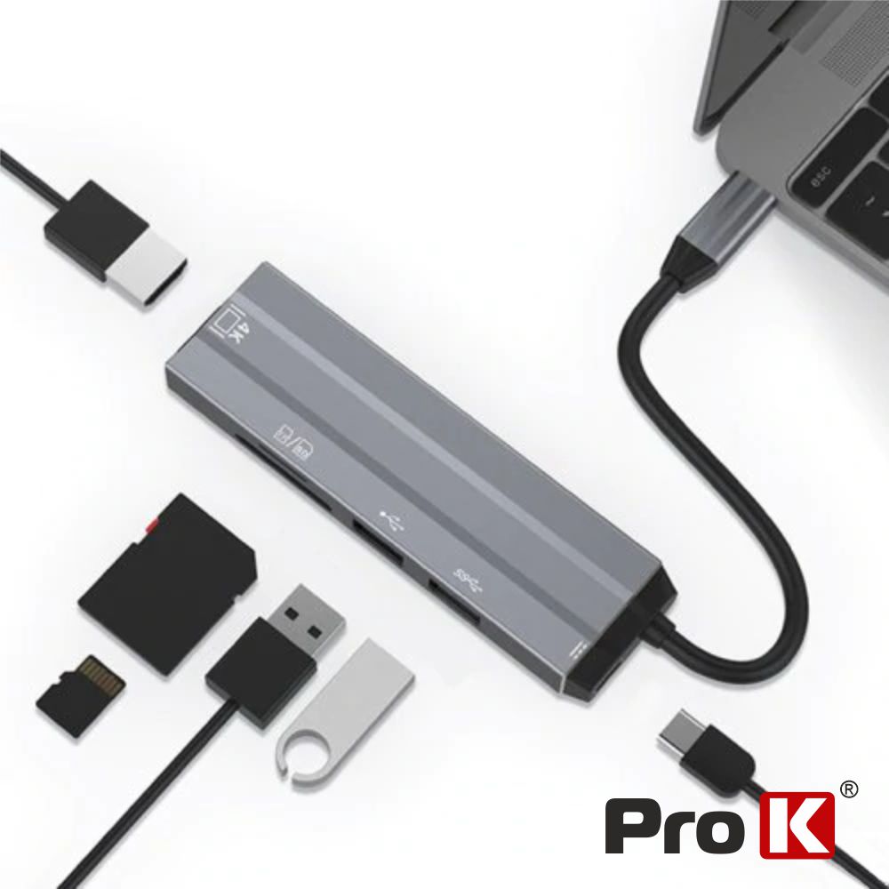 PK-USBC-6IN1 Hub USB-C p/ USB-C / 2 x USB / HDMI e Leitor cartões SD PROK