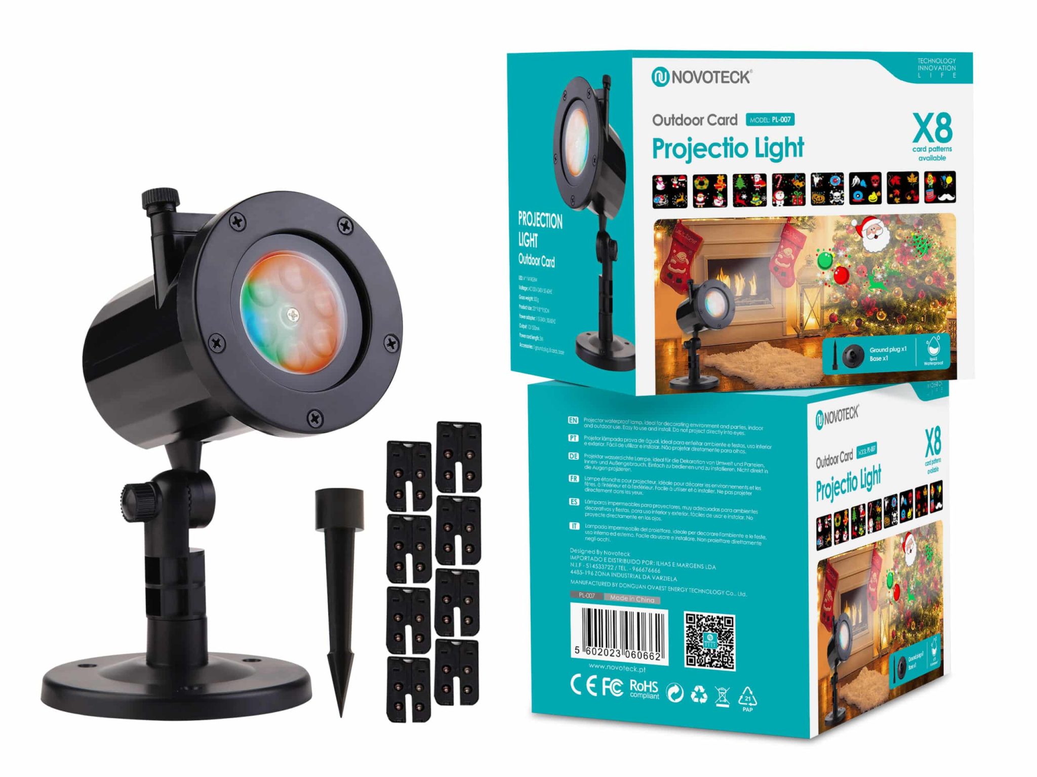 Projetor de Luz Externo Novoteck PL-007 com 8 Cartões de Projeção Festivos