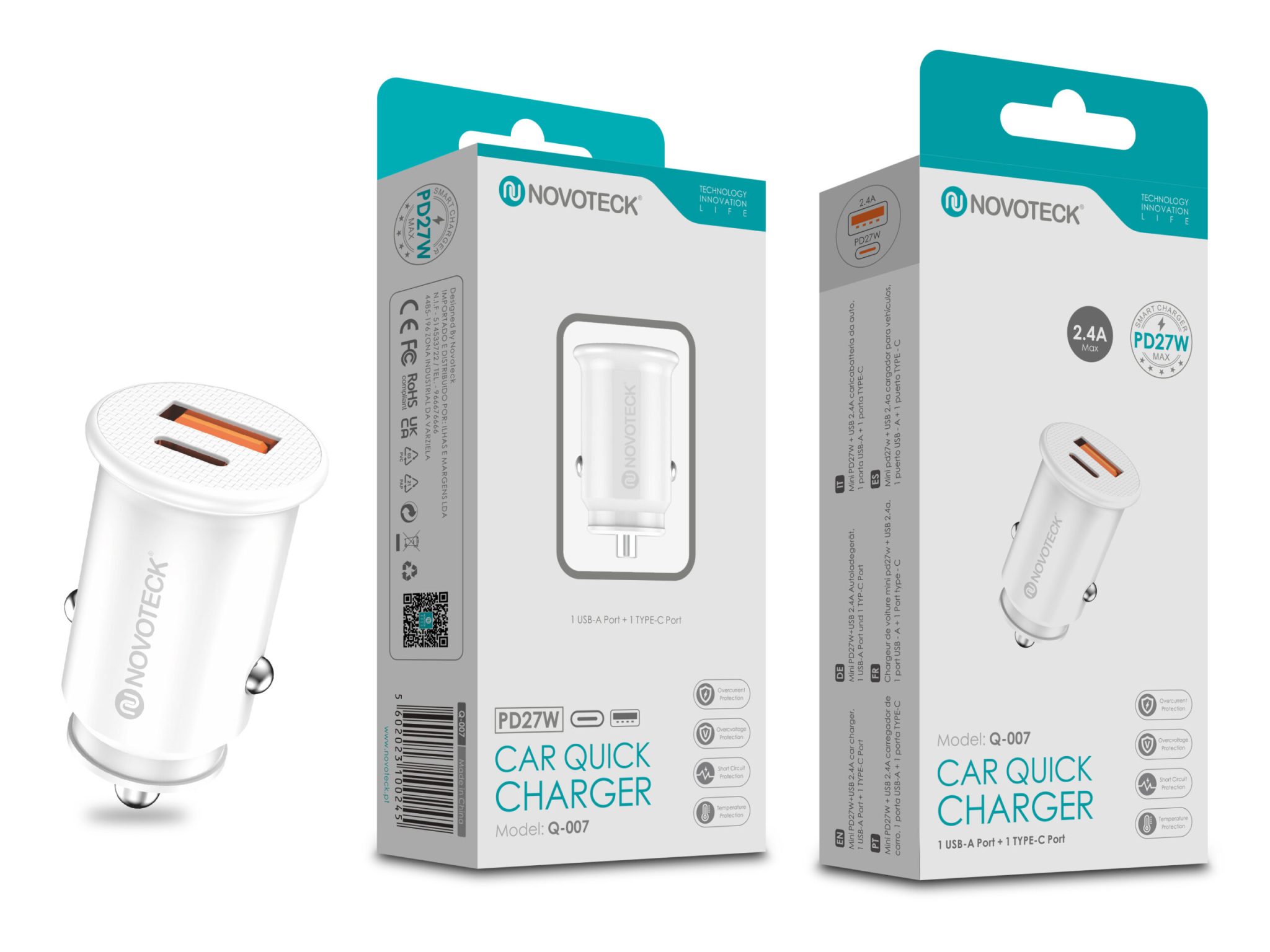 Carregador Rápido para Carro NOVOTECK Q-007 PD 27W - Portas USB-C e USB-A, Carregamento Duplo e Seguro