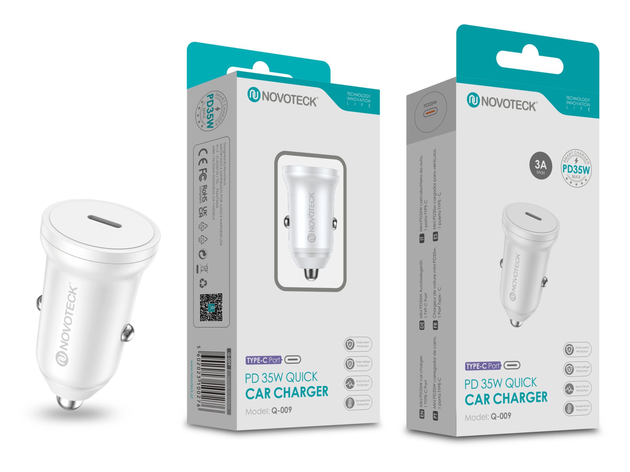 Carregador Rápido para Carro NOVOTECK Q-009 PD 35W - USB-C, 3A, Design Compacto e Seguro