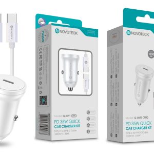 Kit Carregador Rápido para Carro NOVOTECK Q-009T PD 35W - Inclui Cabo Usb-C to Type-C de 1m, Carregamento Eficiente e Seguro
