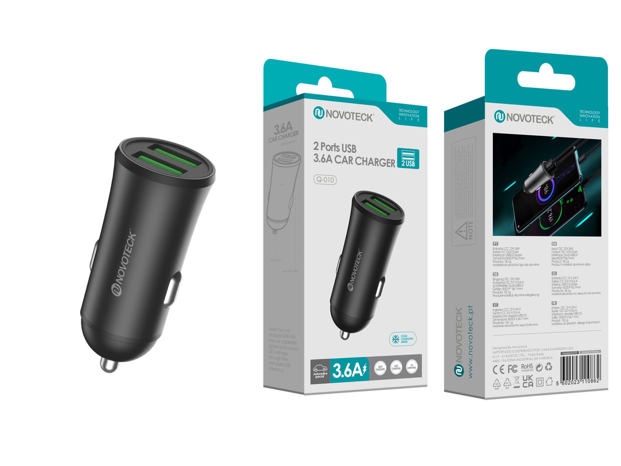 Carregador de Carro Duplo USB NOVOTECK Q-010 - 3.6A